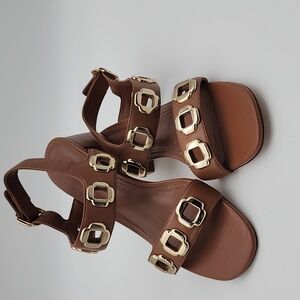 Larroude Gold and Brown Sandals with Adjustable Straps